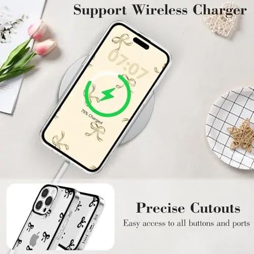 EYZUTAK Case for iPhone 14 Pro, Clear Cute Ribbon Bowknot Pattern Aesthetic Transparent Phone Case Raised Camera Protection Stylish Slim Soft Durable TPU Protective Cover for Women Girls - Black - 8