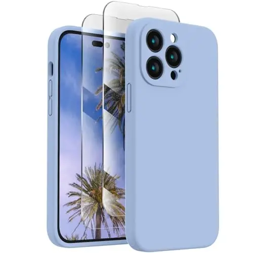 FireNova for iPhone 14 Pro Case, Silicone Upgraded [Camera Protection] Phone Case with [2 Screen Protectors], Soft Anti-Scratch Microfiber Lining Inside, 6.1 inch, Light Blue 