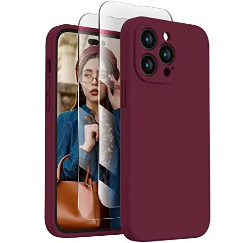 FireNova for iPhone 14 Pro Case, Silicone Upgraded [Camera Protection] Phone Case with [2 Screen Protectors], Soft Anti-Scratch Microfiber Lining Inside, 6.1 inch, Plum 