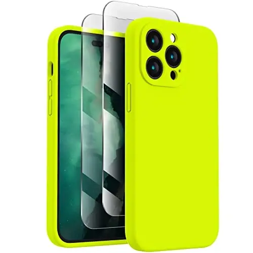 FireNova for iPhone 14 Pro Case, Silicone Upgraded [Camera Protection] Phone Case with [2 Screen Protectors], Soft Anti-Scratch Microfiber Lining Inside, 6.1 inch,Fluorescent Green - FIRENOVA