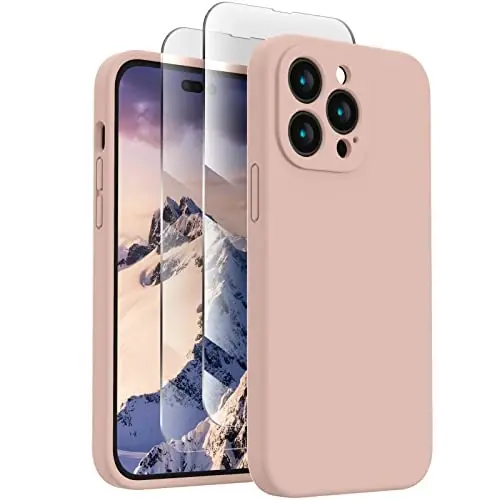 FireNova for iPhone 14 Pro Case, Silicone Upgraded [Camera Protection] Phone Case with [2 Screen Protectors], Soft Anti-Scratch Microfiber Lining Inside, 6.1 inch, Pinksand 