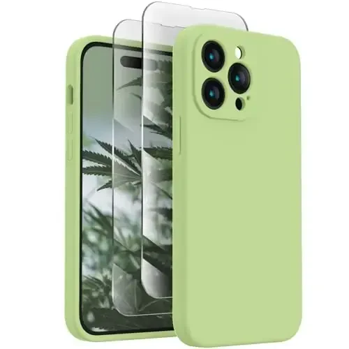 FireNova for iPhone 14 Pro Case, Silicone Upgraded [Camera Protection] Phone Case with [2 Screen Protectors], Soft Anti-Scratch Microfiber Lining Inside, 6.1 inch, Tea Green - 1