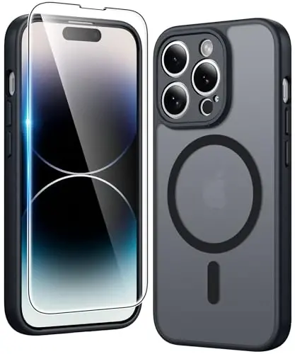 FNTCASE for iPhone 14 Pro Case: Matte Magnetic Phone Cases with Screen Protector Compatible with Magsafe Slim Anti Yellowing Rugged Shockproof Protective Translucent Cell Phone Cover (C-Black) 