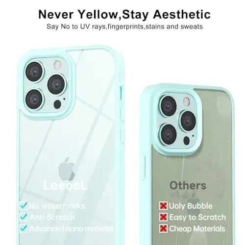 LoeoeL for iPhone 14 Pro Case Clear, Transparent Hybrid 14 Pro Phone Case [Hard Plastic & Soft Silicone Bumper] Acrylic Non Yellowing Thin Slim Protective Cover for Women, Teal - 10