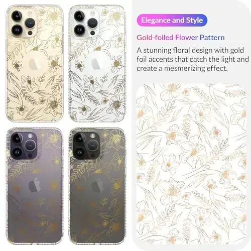 LONLI Hue Case for iPhone 14 Pro - [360° Shock-Absorbent Bumper] - [Cute and Unique Phone Cover for Girls and Women] - Gold Floral - 3
