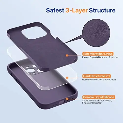 Miracase Designed for iPhone 14 Pro Case, with Tempered Glass Screen Protector, [Upgraded Camera Protection], Shockproof Liquid Silicone Rubber Phone Case Cover for 14 Pro 6.1 inch, Dark Purple - 4