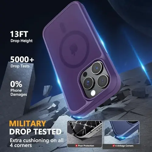 MOCCA Strong Magnetic for iPhone 14 Pro Case, [Compatible with Magsafe][13FT Military Drop Protection] Slim Translucent Matte Shockproof Case for iPhone 14 Pro Phone Case 6.1'', Deep Purple - 4