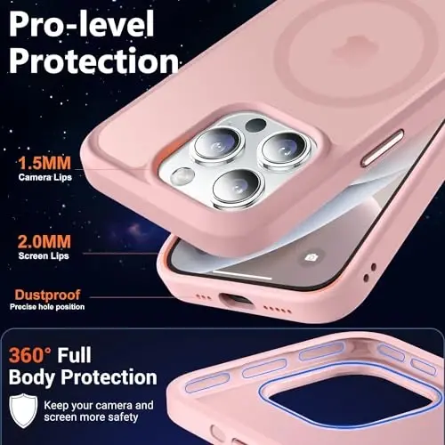 iPhone 14 Pro için MOCCA Güçlü Manyetik Kılıf, [Magsafe Uyumlu][13FT Askeri Düşme Koruması] iPhone 14 Pro Telefon Kılıfı 6.1'' için İnce Yarı Saydam Mat Darbeye Dayanıklı Kılıf, Pembe - 5