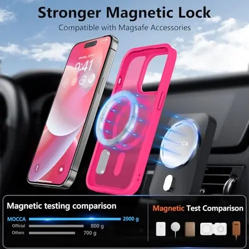 MOCCA Strong Magnetic for iPhone 14 Pro Case, [Compatible with Magsafe][13FT Military Drop Protection] Slim Translucent Matte Shockproof Case for iPhone 14 Pro Phone Case 6.1'', Hot Pink - 2