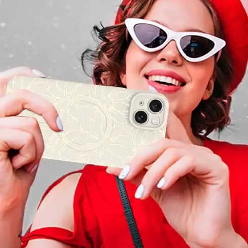 MZELQ for iPhone 15 Case, Silicone White Floral Flowers Cute Pattern, Magnetic Compatible with MagSafe Sunflowers Camera Protection Phone Case - 6