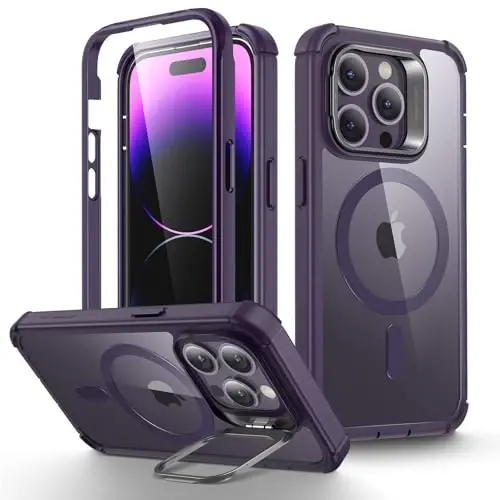 ESR for iPhone 14 Pro Case with Stand, Compatible with MagSafe, Full-Body Military-Grade Drop Proof Case with Built-in 9H+ Tempered Glass Screen Protector, Armor Series, Clear Purple 
