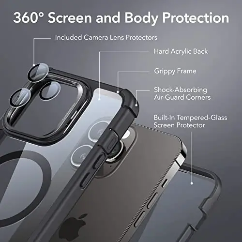 ESR for iPhone 14 Pro Case with Stand, Compatible with MagSafe, Full-Body Military-Grade Drop Proof Case with Built-in 9H+ Tempered Glass Screen Protector, Armor Series, Clear Black - 2