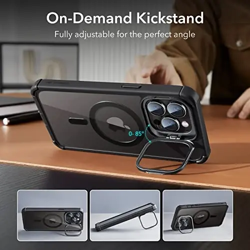 ESR for iPhone 14 Pro Case with Stand, Compatible with MagSafe, Full-Body Military-Grade Drop Proof Case with Built-in 9H+ Tempered Glass Screen Protector, Armor Series, Clear Black - 4