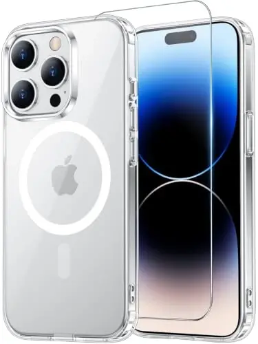 iPhone 14 Pro için Temdan Kılıfı Şeffaf, Magsafe ile Uyumlu, Sararmaya Karşı, Askeri Sınıf Koruma, Darbeye Dayanıklı İnce Manyetik Telefon Kılıfı Kapak, Şeffaf 
