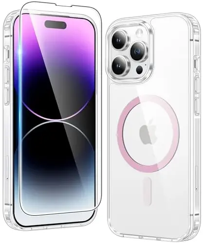 FNTCASE for iPhone 14 Pro Case: Clear Magnetic Phone Cases Compatible with Magsafe Slim Anti Yellowing Military Grade Drop Protection Rugged Shockproof Protective Transparent Cell Cover (C-A Pink) - 1