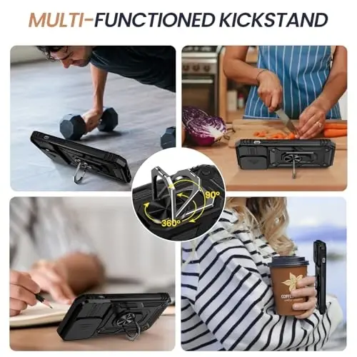 Goton Compatible for iPhone 14 Pro Case with Screen Protector - Slide Camera Protective Phone Cover with Ring Stand, Heavy Duty Shockproof Rugged Bumper for 14 Pro Accessories Black - 6