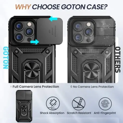 Goton Compatible for iPhone 14 Pro Case with Screen Protector - Slide Camera Protective Phone Cover with Ring Stand, Heavy Duty Shockproof Rugged Bumper for 14 Pro Accessories Black - 5