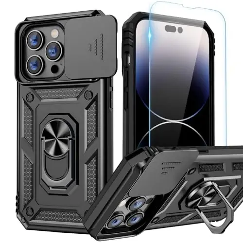 Goton Compatible for iPhone 14 Pro Case with Screen Protector - Slide Camera Protective Phone Cover with Ring Stand, Heavy Duty Shockproof Rugged Bumper for 14 Pro Accessories Black - GOTON
