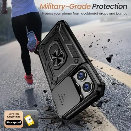 Goton Compatible for iPhone 14 Pro Case with Screen Protector - Slide Camera Protective Phone Cover with Ring Stand, Heavy Duty Shockproof Rugged Bumper for 14 Pro Accessories Black - 4