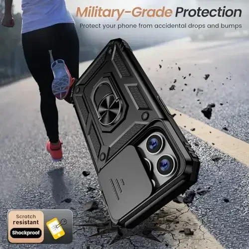 Goton Compatible for iPhone 14 Pro Case with Screen Protector - Slide Camera Protective Phone Cover with Ring Stand, Heavy Duty Shockproof Rugged Bumper for 14 Pro Accessories Black - 4