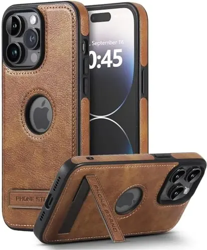KSELF Leather Case for iPhone 14 Pro Case, Protective Slim with Kickstand Shockproof Phone Cases, Built-in Invisible Stand Compatible with iPhone 14 Pro 6.1'' (Brown, for iPhone 14 Pro) 