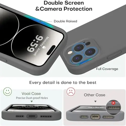 Vooii Compatible with iPhone 14 Pro Case, Liquid Silicone Upgrade [Camera Protection] [Soft Anti-Scratch Microfiber Lining] Shockproof Phone Case for iPhone 14 Pro 6.1 inch - Dark Grey - 3