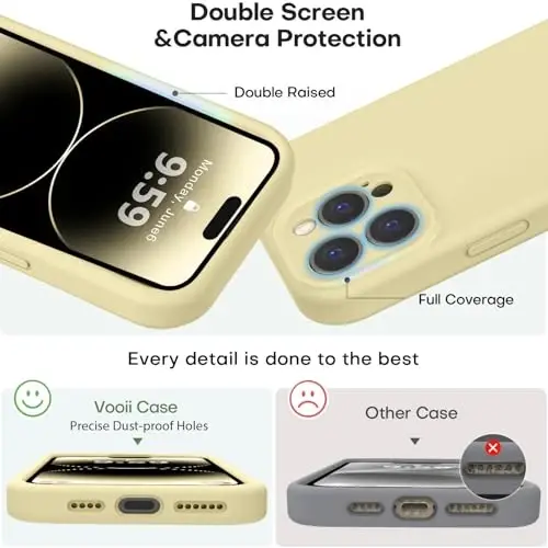 Vooii Compatible with iPhone 14 Pro Case, Liquid Silicone Upgrade [Camera Protection] [Soft Anti-Scratch Microfiber Lining] Shockproof Phone Case for iPhone 14 Pro 6.1 inch - Creamy Yellow - 3