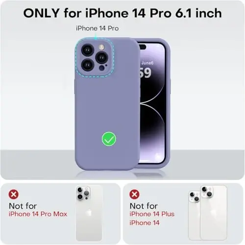 Vooii Compatible with iPhone 14 Pro Case, Liquid Silicone Upgrade [Camera Protection] [Soft Anti-Scratch Microfiber Lining] Shockproof Phone Case for iPhone 14 Pro 6.1 inch - Lavender Grey - 5