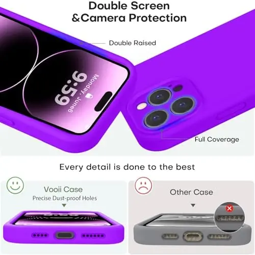Vooii Compatible with iPhone 14 Pro Case, Liquid Silicone Upgrade [Camera Protection] [Soft Anti-Scratch Microfiber Lining] Shockproof Phone Case for iPhone 14 Pro 6.1 inch - Neon Purple - 3