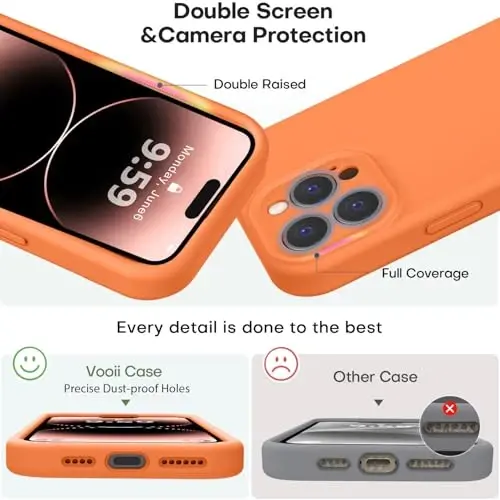 Vooii Compatible with iPhone 14 Pro Case, Liquid Silicone Upgrade [Camera Protection] [Soft Anti-Scratch Microfiber Lining] Shockproof Phone Case for iPhone 14 Pro 6.1 inch - Bright Orange - 3