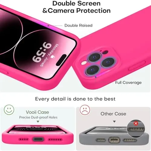 Vooii Compatible with iPhone 14 Pro Case, Liquid Silicone Upgrade [Camera Protection] [Soft Anti-Scratch Microfiber Lining] Shockproof Phone Case for iPhone 14 Pro 6.1 inch - Hot Pink - 3