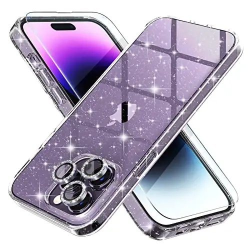 Choiche Compatible for iPhone 14 Pro Case Women Phone Case, Cute Bling Sparkly, Military Grade Drop Protection, 3 Diamond Camera Lens Covers, 2 Tempered Glass Protectors, 6.1 inch (Glitter Clear) - CHOICHE