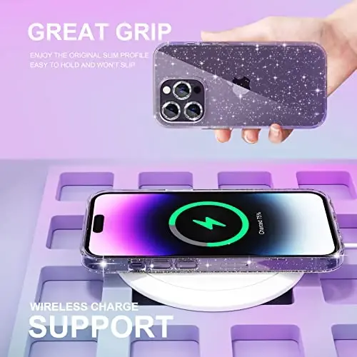 Choiche Compatible for iPhone 14 Pro Case Women Phone Case, Cute Bling Sparkly, Military Grade Drop Protection, 3 Diamond Camera Lens Covers, 2 Tempered Glass Protectors, 6.1 inch (Glitter Clear) - 6