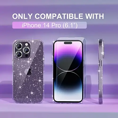 Choiche Compatible for iPhone 14 Pro Case Women Phone Case, Cute Bling Sparkly, Military Grade Drop Protection, 3 Diamond Camera Lens Covers, 2 Tempered Glass Protectors, 6.1 inch (Glitter Clear) - 2