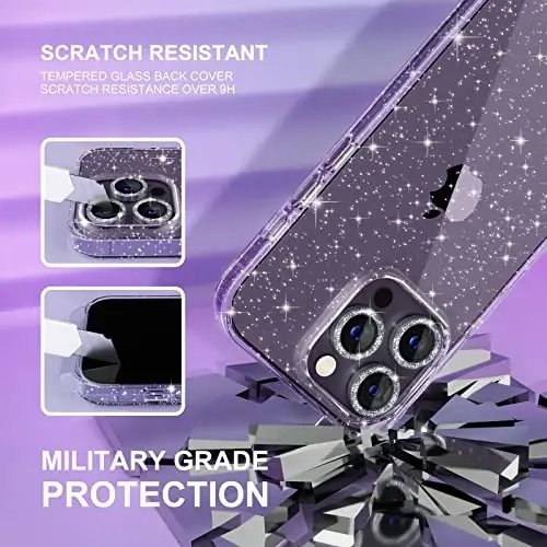 Choiche Compatible for iPhone 14 Pro Case Women Phone Case, Cute Bling Sparkly, Military Grade Drop Protection, 3 Diamond Camera Lens Covers, 2 Tempered Glass Protectors, 6.1 inch (Glitter Clear) - 5