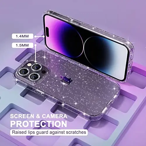 Choiche Compatible for iPhone 14 Pro Case Women Phone Case, Cute Bling Sparkly, Military Grade Drop Protection, 3 Diamond Camera Lens Covers, 2 Tempered Glass Protectors, 6.1 inch (Glitter Clear) - 4