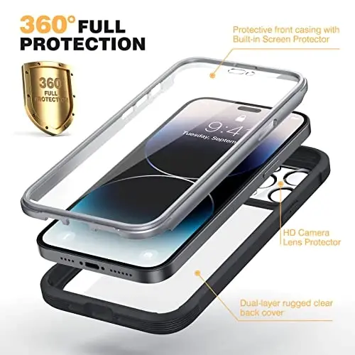 Diaclara Designed for iPhone 14 Pro Max Case 6.7, [2023 Upgraded] Full Body Rugged Case with Built-in Touch Sensitive Anti-Scratch Screen Protector +9H Tempered Glass Camera Lens Protector(Black) - 9