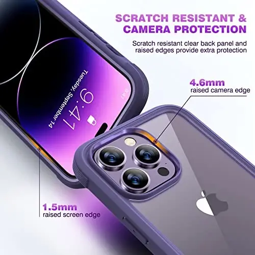 Diaclara Designed for iPhone 14 Pro Max Case 6.7’’, Full Body Rugged Phone Case w/Built-in Sensitive Anti-Scratch Screen Protector+9H Tempered Glass Camera Lens Protector(Royal Purple) - 6