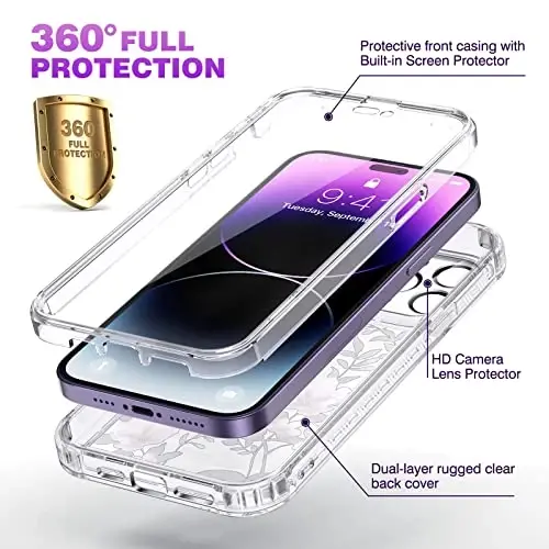 Diaclara Designed for iPhone 14 Pro Max Case 6.7’’, Full Body Rugged Phone Case w/Built-in Sensitive Anti-Scratch Screen Protector+9H Tempered Glass Camera Lens Protector(Clear Flower) - DIACLARA (1)