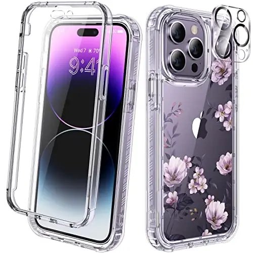 Diaclara Designed for iPhone 14 Pro Max Case 6.7’’, Full Body Rugged Phone Case w/Built-in Sensitive Anti-Scratch Screen Protector+9H Tempered Glass Camera Lens Protector(Clear Flower) - 1