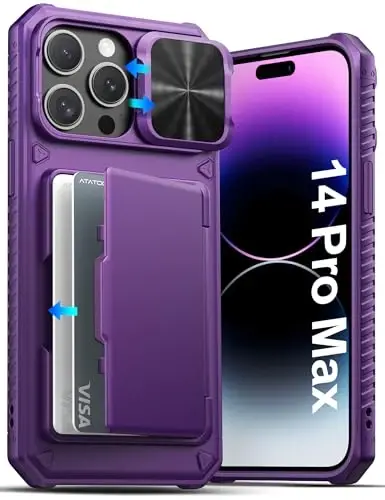 ATATOO for iPhone 14 Pro Max Case, Built-in Card Holder (Store 3-5 Cards) & Slide Camera Cover & RFID Blocking, Military Grade Protection, Hard Wallet Phone Case for 14 Pro Max 6.7