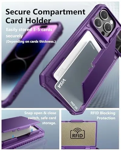 ATATOO for iPhone 14 Pro Max Case, Built-in Card Holder (Store 3-5 Cards) & Slide Camera Cover & RFID Blocking, Military Grade Protection, Hard Wallet Phone Case for 14 Pro Max 6.7