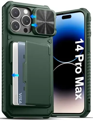 ATATOO for iPhone 14 Pro Max Case, Built-in Card Holder (Store 3-5 Cards) & Sliding Camera Cover, Military Grade Protection, Heavy Duty Sturdy Durable Wallet Phone Case for 14 Pro Max 6.7