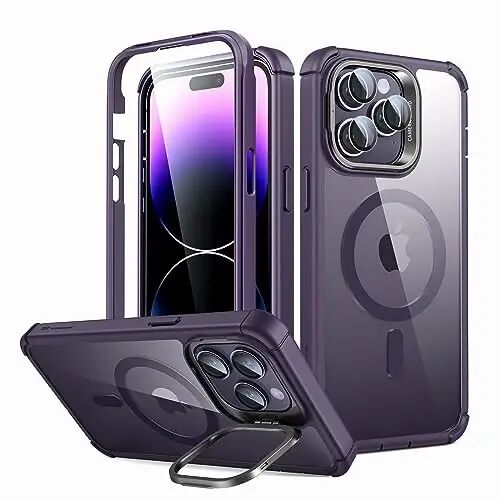 ESR for iPhone 14 Pro Max Case with Stand, Compatible with MagSafe, Full-Body Military-Grade Drop Proof Case with Built-in 9H+ Tempered Glass Screen Protector, Armor Series, Clear Purple 