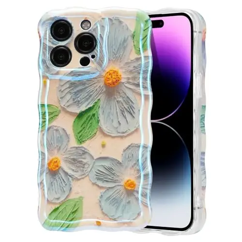 EYZUTAK Case for iPhone 14 Pro Max, Colorful Retro Oil Painting Flower Leaf Laser Glossy Pattern Cute Curly Waves Edge Exquisite Phone Cover Stylish Durable TPU Protective Case for Women - Blue Green 