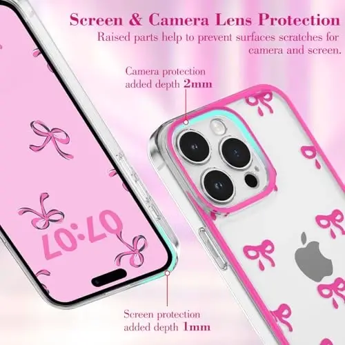 EYZUTAK Case for iPhone 14 Pro Max, Clear Cute Ribbon Bowknot Pattern Aesthetic Transparent Phone Case Raised Camera Protection Stylish Slim Soft Durable TPU Protective Cover for Women Girls -Rose Red - 2
