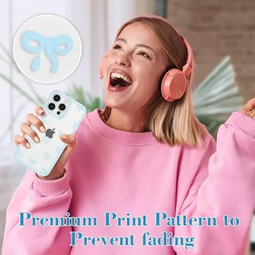 EYZUTAK Case for iPhone 14 Pro Max, Clear Cute Ribbon Bowknot Pattern Aesthetic Transparent Phone Case Raised Camera Protection Stylish Slim Soft Durable TPU Protective Cover for Women Girls - Blue - 6