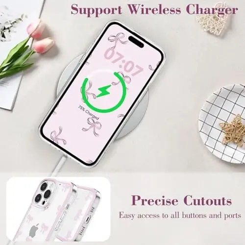 EYZUTAK Case for iPhone 14 Pro Max, Clear Cute Ribbon Bowknot Pattern Aesthetic Transparent Phone Case Raised Camera Protection Stylish Slim Soft Durable TPU Protective Cover for Women Girls - Pink - 6
