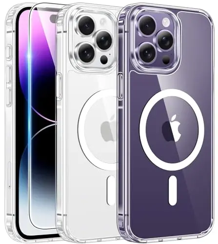 FNTCASE for iPhone 14 Pro-Max Case: Clear Magnetic Phone Cases with Screen Protector Compatible with Magsafe Slim Anti Yellowing Rugged Shockproof Protective Transparent Cell Cover (A-Clear) - 5