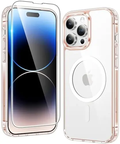 FNTCASE for iPhone 14 Pro-Max Case: Clear Magnetic Phone Cases Compatible with Magsafe Slim Anti Yellowing Military Grade Drop Rugged Protective Transparent Cell Phone Cover (D-Crystal Pink) - FNTCASE
